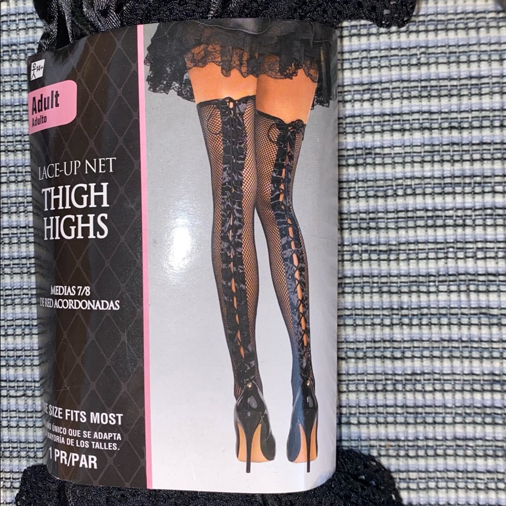 Black Lace-up Net Thigh Highs
